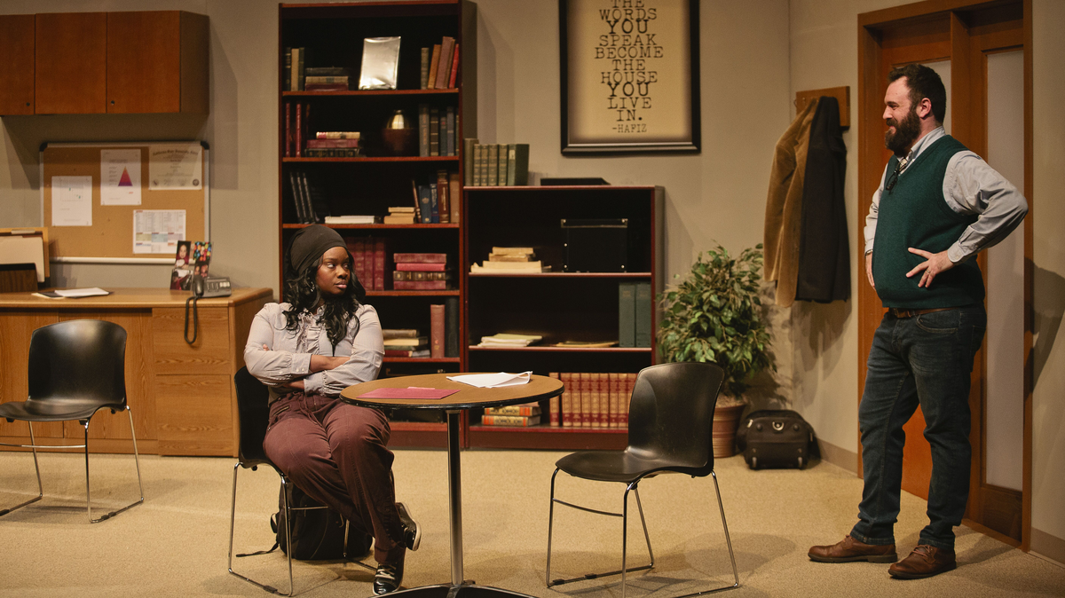 From left, Angelica Barksdale as Carol and Sean Neely as John in “Oleanna.”