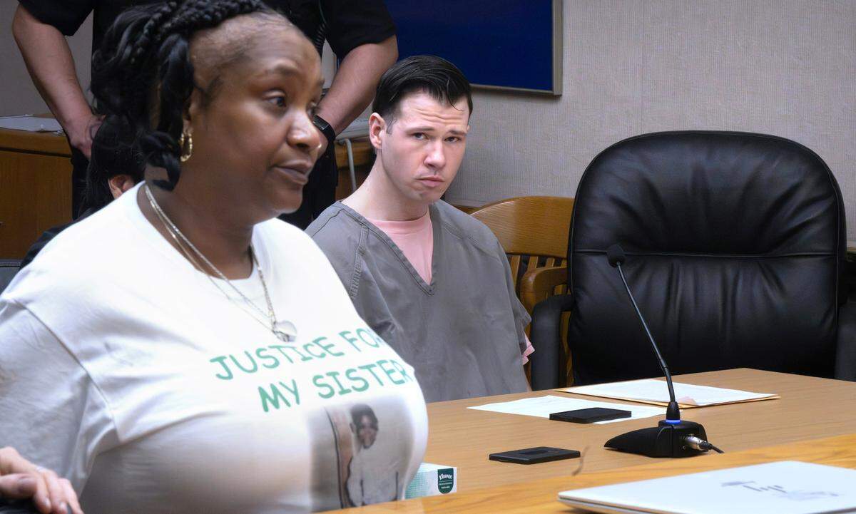U.S. Army Ranger Patrick Philip Byrne listens to pleas for a harsh sentence from victim’s family members in Pierce County Superior Court in Tacoma, Washington, on Friday, May 10, 2024, during his sentencing hearing that followed Byrne’s guilty plea to first-degree murder in the 2021 beating death of security guard Denise Smith. Judge Stanley Rumbaugh sentenced Byrne to 20 years in prison.