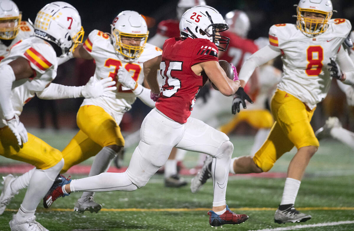 Yelm wide receiver Anthony Kiamco breaks loose in front of Mount Tahoma defenders (from left) Elijah Durr, Joshua Durr and Shan Jones during Friday night’s 3A state quarterfinal football game at Yelm High School in Yelm, Washington, on Nov. 17, 2023. Yelm won the game, 29-12.