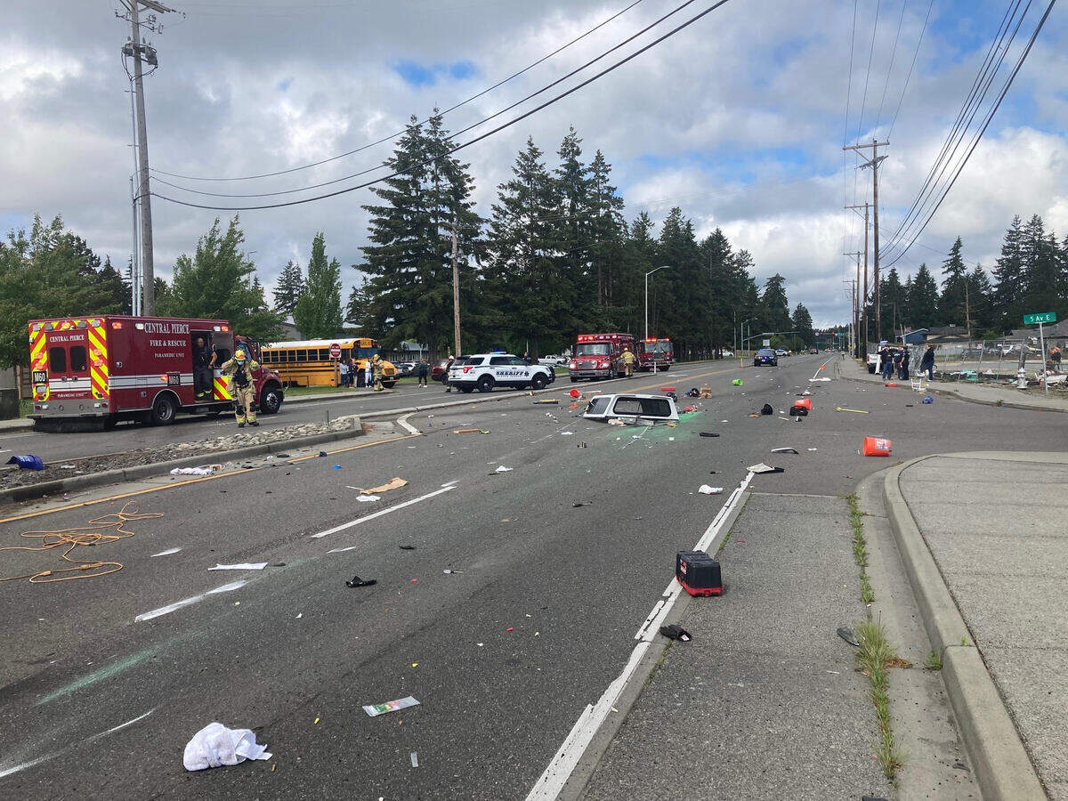 Pierce County deputies responded Tuesday morning to a vehicle collision in Spanaway that left one person dead and three injured. One vehicle struck a Bethel School District building. Deputies said no one inside was injured.