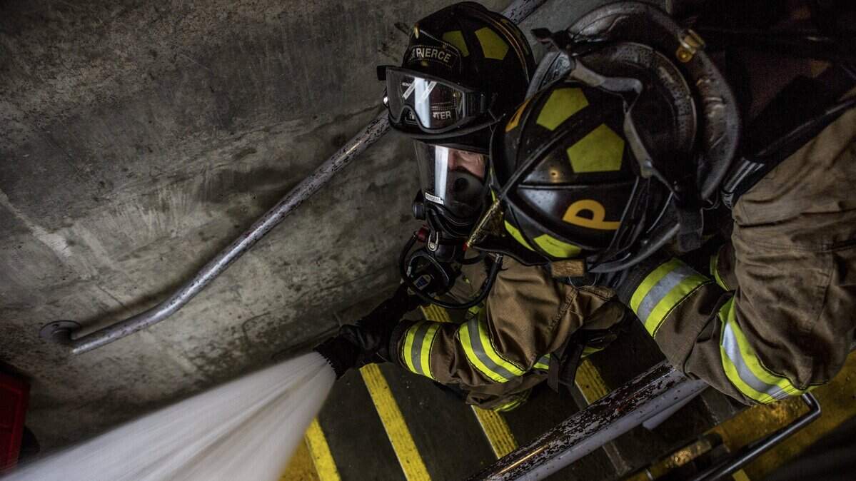 Probationary firefighters work to complete a training exercise at West Pierce Fire & Rescue Station 21 in Lakewood. West Pierce has a package of three levy request on the August primary ballot..