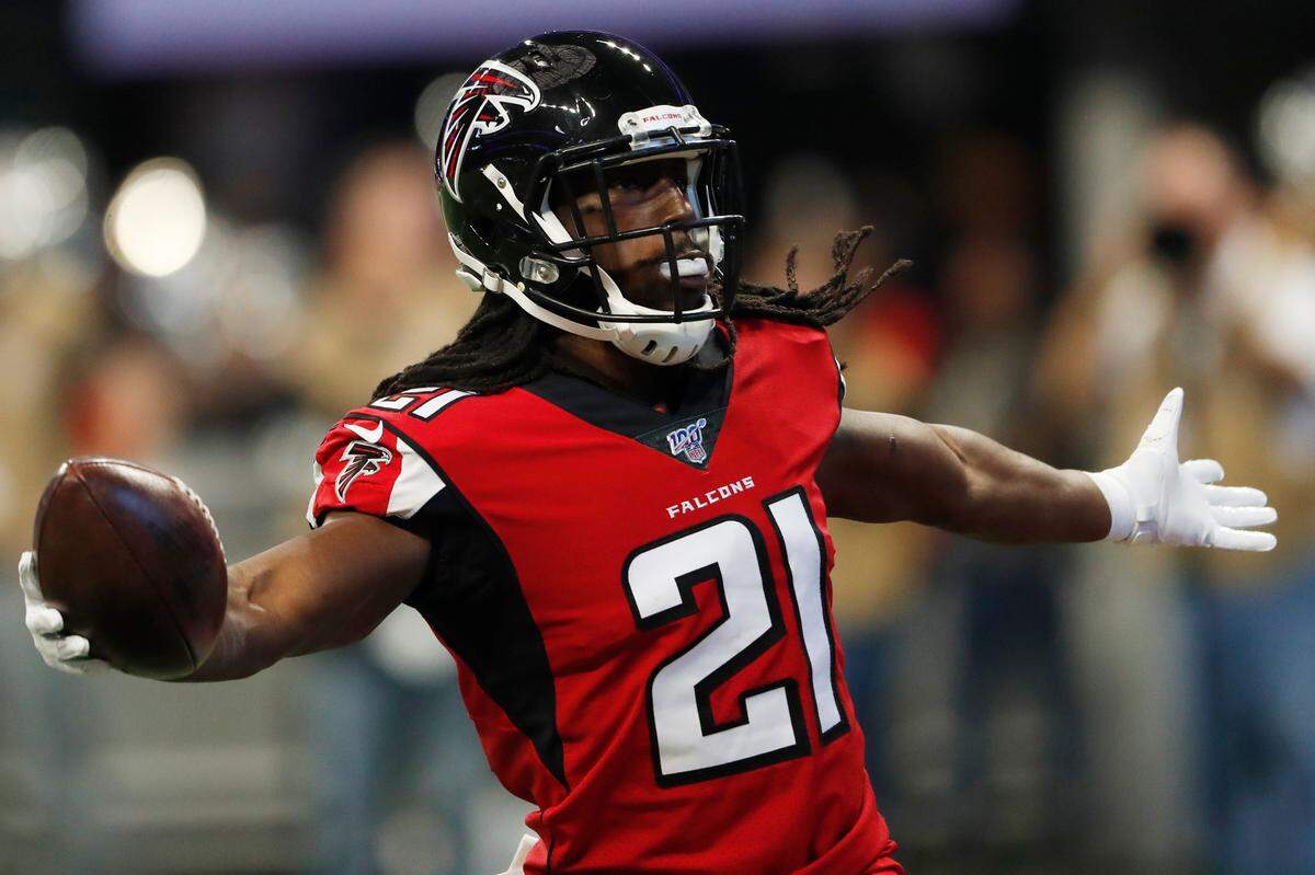 Atlanta Falcons cornerback Desmond Trufant (21) celebrates an interception against the Tampa Bay Buccaneers during the first half of an NFL football game, Sunday, Nov. 24, 2019, in Atlanta. (AP Photo/John Bazemore)