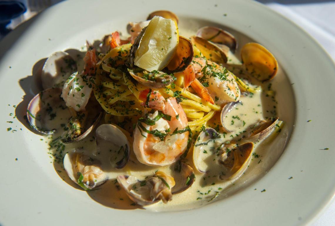 The menu at Crudo & Cotto changed frequently but always featured plenty of seafood. In April 2021, this chitarrine gamberi e vongole combined housemade pasta with prawns and clams in a lemon cream sauce.