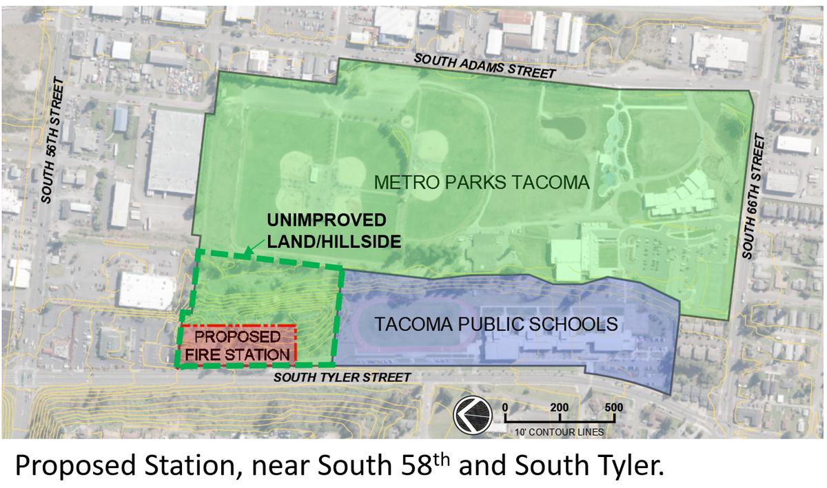 The layout of a proposed fire station on the South End Recreation and Adventure campus near South 58th Street and South Tyler Street.