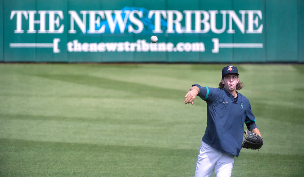 Tacoma Rainiers pitcher Logan Gilbert warms up during workouts at Cheney Stadium in Tacoma, Washington, on Tuesday, May 4, 2021.
