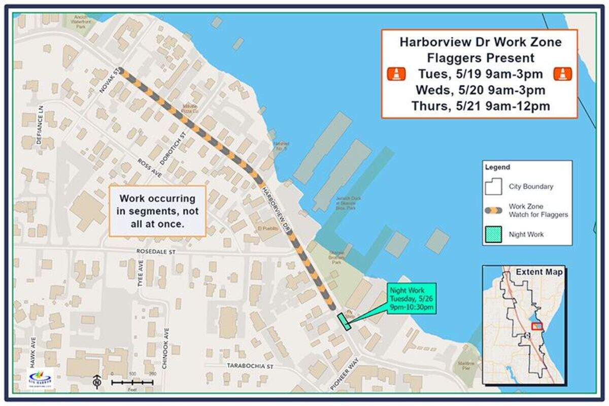 A map of intermittent lane closures on Harborview Drive in Gig Harbor, Wash., from Tuesday, May 19 to Thursday, May 21, 2026.