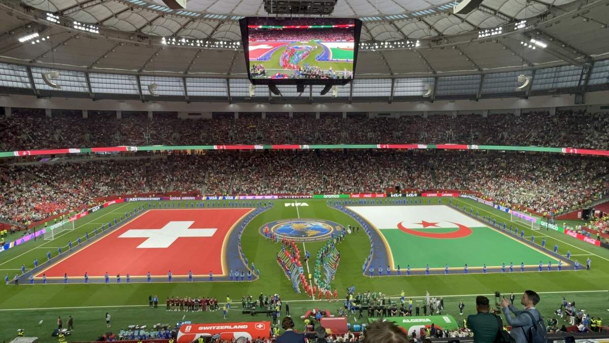 The national flags of Switzerland and Algeria on the pitch inside BC Place Vancouver before the World Cup round-of-32 match in British Columbia, Canada, Thursday, July 2, 2026.