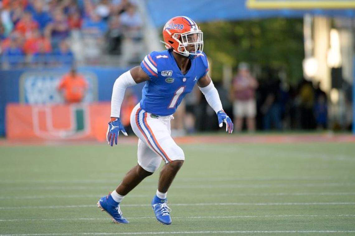 Florida cornerback CJ Henderson rushes the line of scrimmage during the first half the 2019 season opener against Miami in Orlando, Fla. He’s expected to be selected at the top of the NFL draft this month.