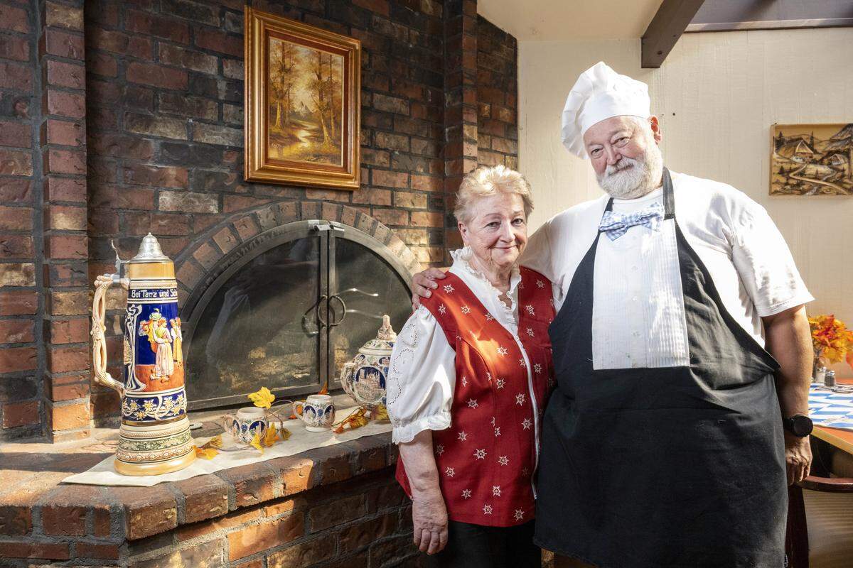 Owners Krystyna and Bruno Tomaszewska stand inside the dining room of Bruno's European Restaurant on Wednesday, Oct. 8, 2025, in Lakewood, Wash.