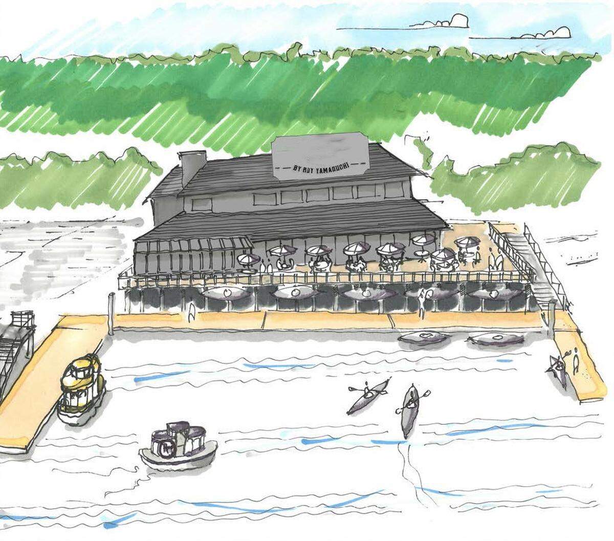 The Puyallup Tribe of Indians will open a restaurant with celebrity chef Roy Yamaguchi in 2023 at 3017 Ruston Way in Tacoma, Wash. A rendering shows the former C.I. Shenanigan’s deck overlooking Commencement Bay.