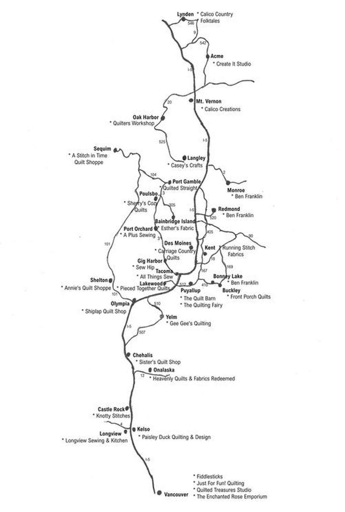 The 2025 Western Washington Quilt Shop Hop map of participating stores.