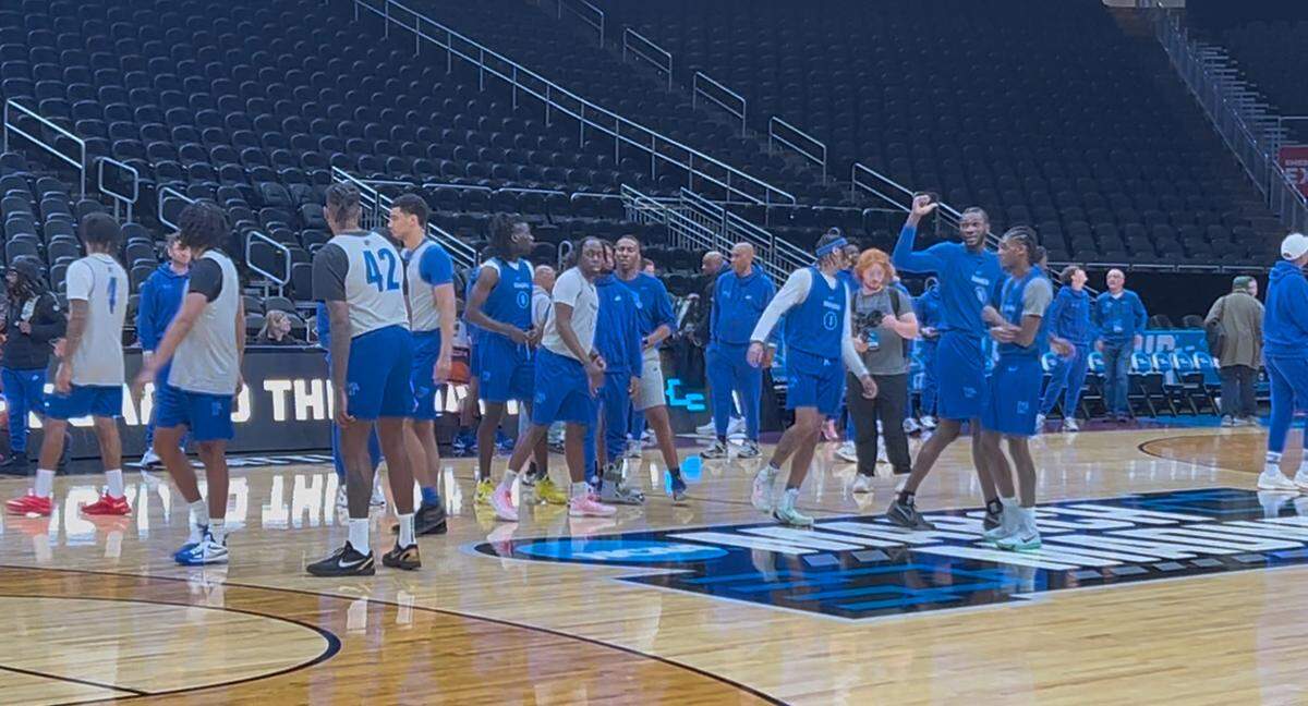 The Memphis Tigers practice at Climate Pledge Arena March 20, 2025, for their NCAA men’s basketball tournament first-round game against Colorado State in Seattle the next day.