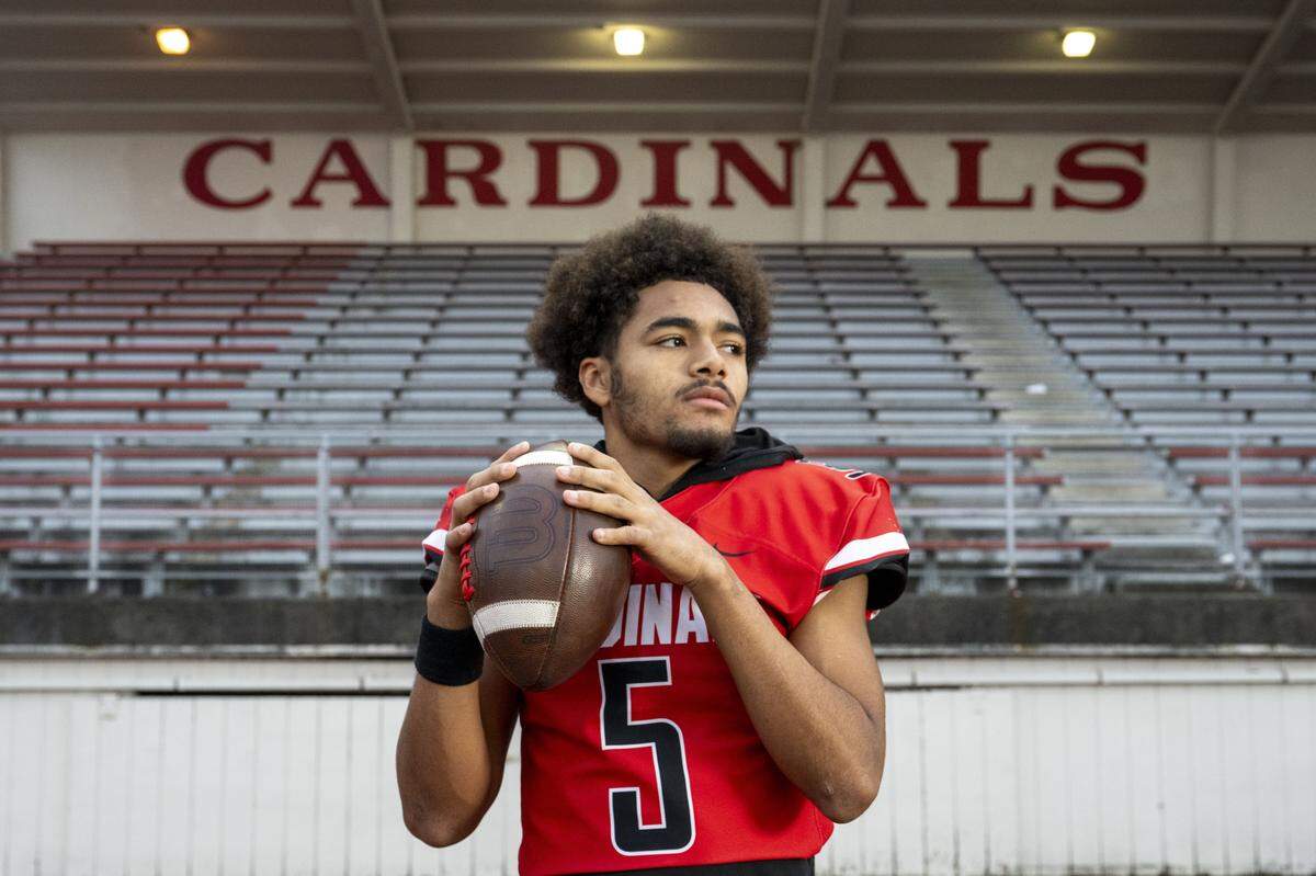 Franklin Pierce quarterback Jeremiah Orcutt stands for a portrait at Franklin Pierce Stadium on Wednesday, Nov. 12, 2025, in Tacoma, Wash.