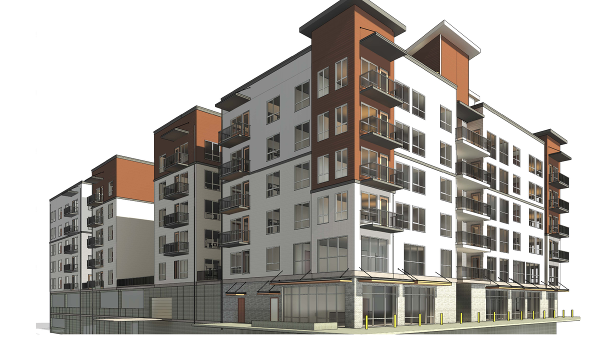 This is a rendering of the Riverfront Apartments, a six-story project that is under construction at 1228 Fryar Ave. in Sumner.