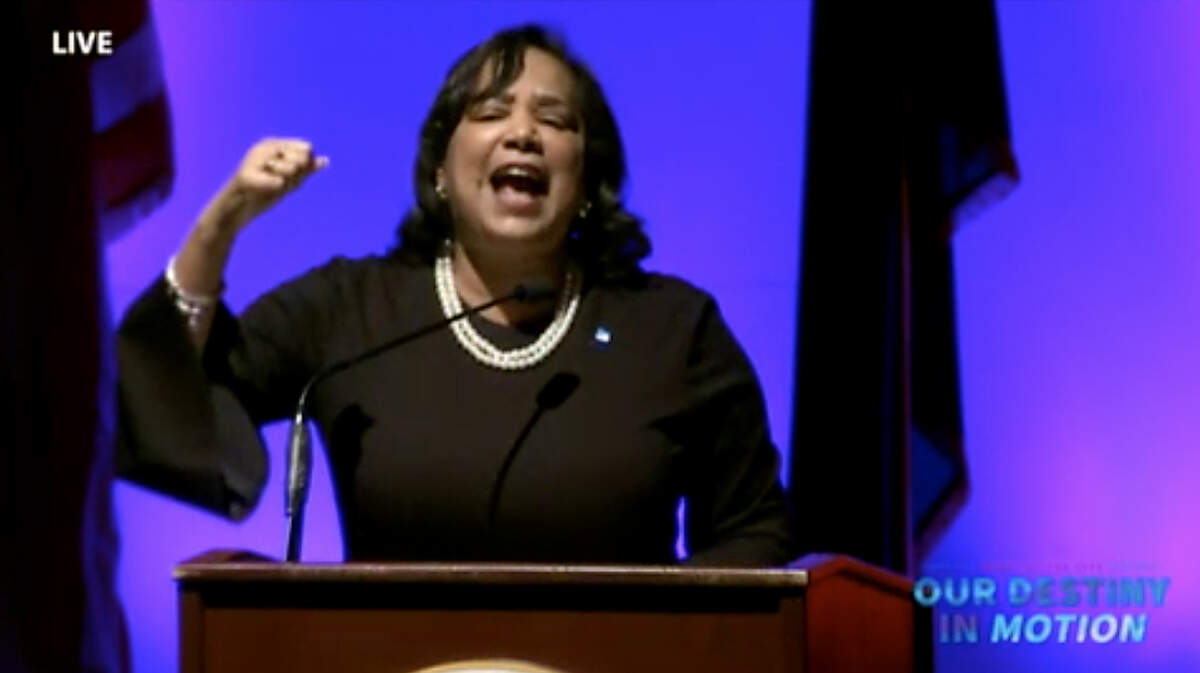 Tacoma mayor Victoria Woodwards concludes her 2019 State of the City address at the University of Puget Sound’s Schneebeck Concert Hall, with a rousing call to action.