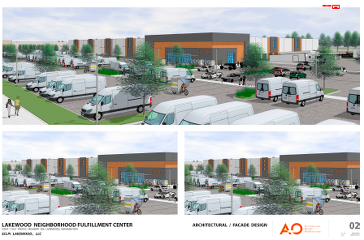 Renderings show a proposed new neighborhood fulfillment center at the former Tacoma Discount World property, 11013 Pacific Highway SW.
