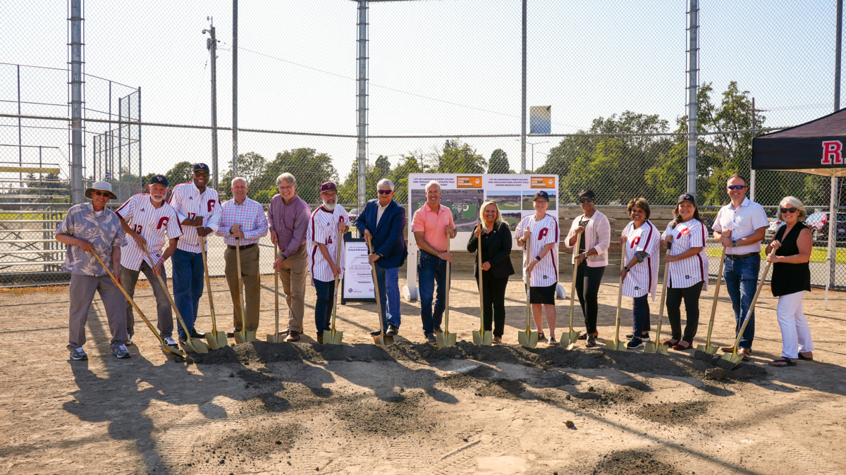 Members of the Lakewood City Council are joined by representatives from Pierce College and state Rep. Mari Leavitt at Field 1 in Fort Steilacoom Park for a groundbreaking event in late July 2023 to celebrate the partnership between the city and college to build a collegiate size field at the park in Lakewood.