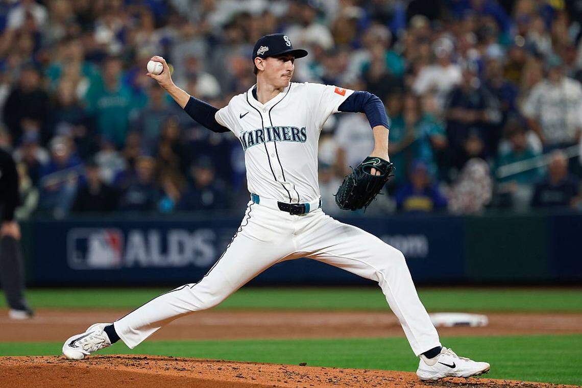 SEATTLE, WASHINGTON - OCTOBER 10: George Kirby #68 of the Seattle Mariners delivers the pitch against the Detroit Tigers during the third inning in game five of the American League Division Series at T-Mobile Park on October 10, 2025 in Seattle, Washington. (Photo by Alika Jenner/Getty Images)