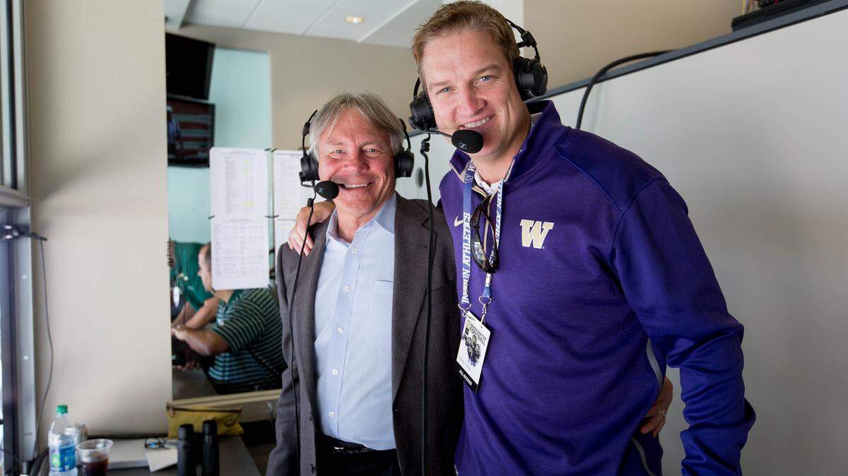 The Huskies broadcast team of Bob Rondeau, left, and Damon Huard calling the University of Washington's 49-0 defeat of Sacramento at Husky Stadium on September 12, 2015. (Photography by Scott Eklund/Red Box Pictures)