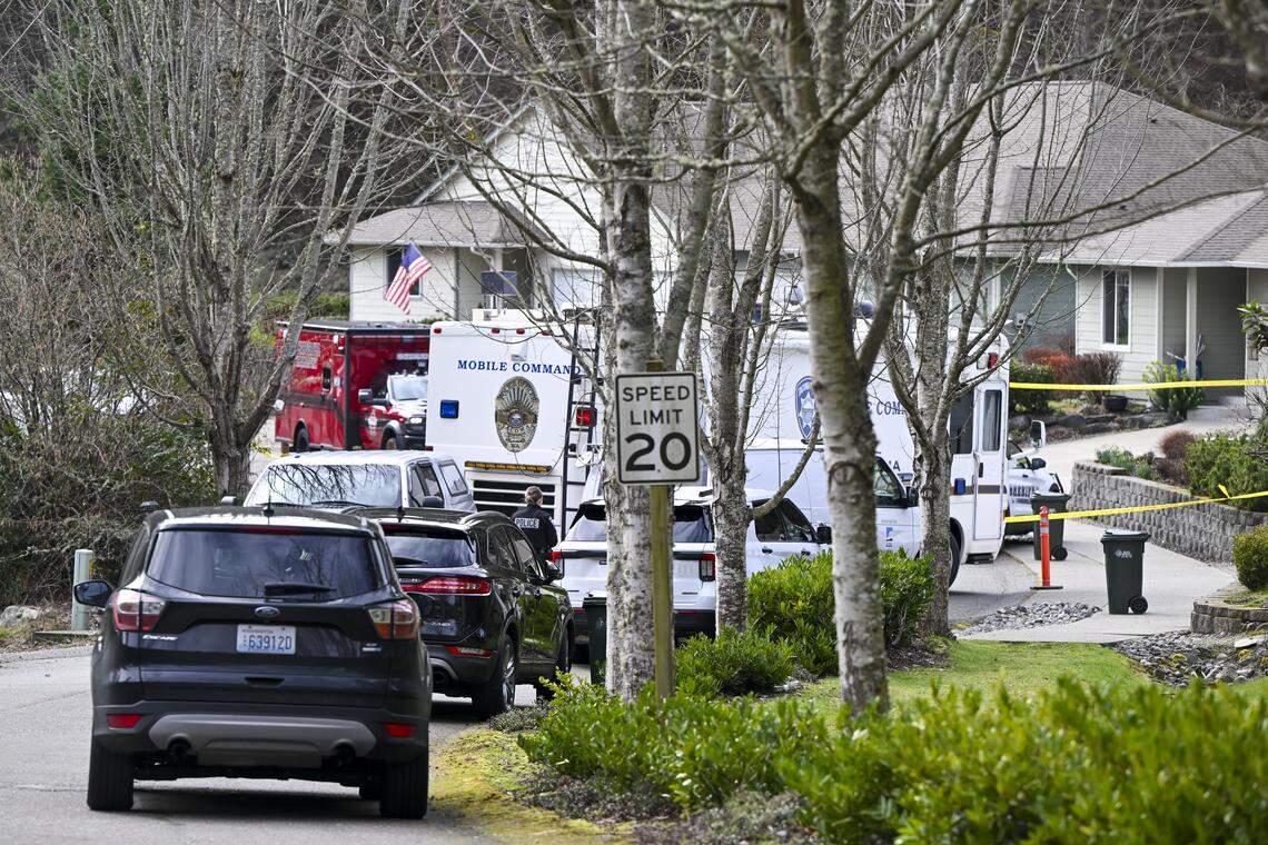 Several law enforcement agencies investigate the scene of a multiple stabbing and deputy involved shooting in the Purdy area on Tuesday, Feb. 24, 2026.