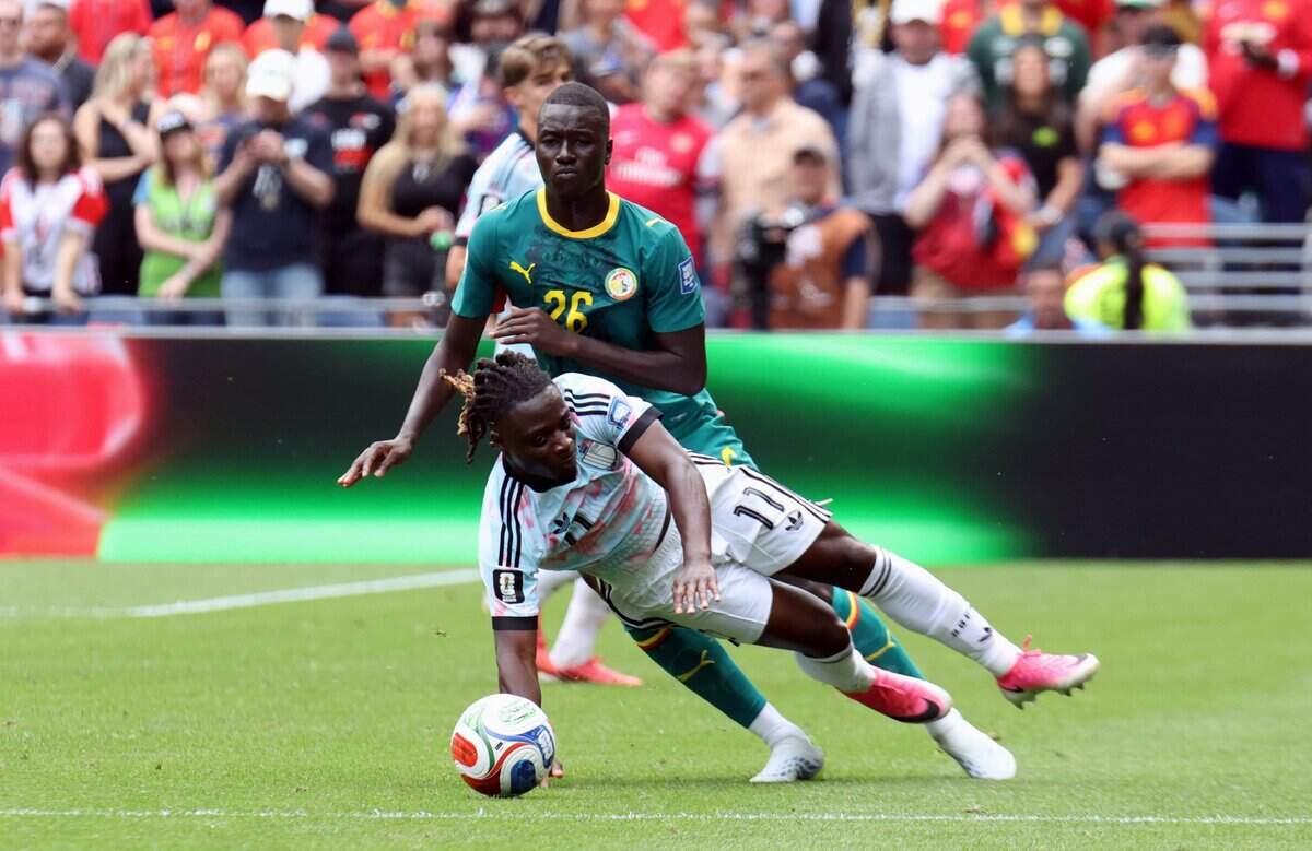 Belgium's Jeremy Doku pictured during a soccer game between Belgian national team Red Devils and Senegal, on Wednesday 01 July 2026, at the Seattle Field, in Seattle, a 1/16 finals game in the FIFA World Cup 2026. BELGA PHOTO BRUNO FAHY (Photo by BRUNO FAHY / BELGA MAG / Belga / AFP via Getty Images)