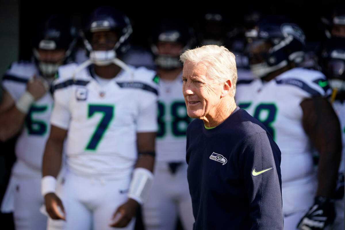 Seattle Seahawks head coach Pete Carroll waits to run onto the field before an NFL football game against the Baltimore Ravens, Sunday, Nov. 5, 2023, in Baltimore. (AP Photo/Alex Brandon)