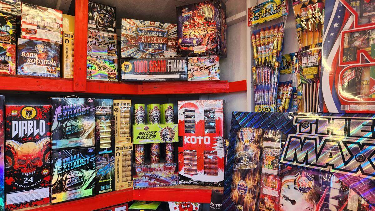 Fireworks are displayed inside a stand at Firecracker Alley in Tacoma on June 29, 2023.