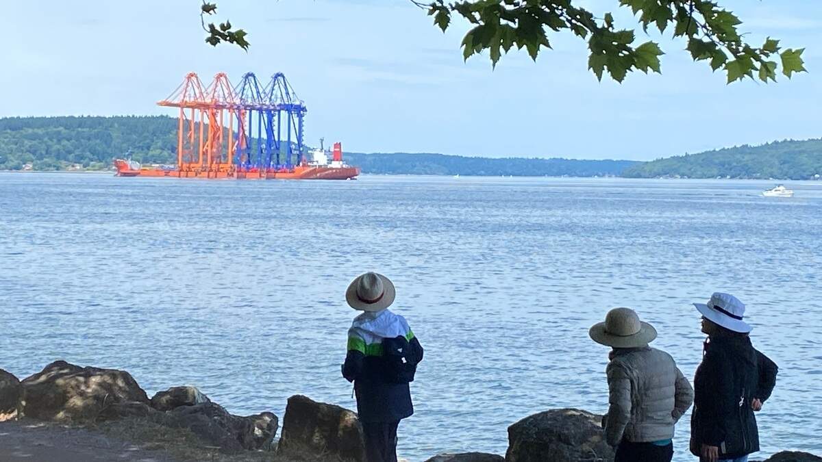 The Zhen Hua 23 sits at anchor in Commencement Bay as seen from Ruston Way on Saturday with four shipping cranes secured on its deck. The ship is transporting the two orange cranes on the left to the Washington United Terminals at the Port of Tacoma. The other two cranes will continue their voyage to southern California.