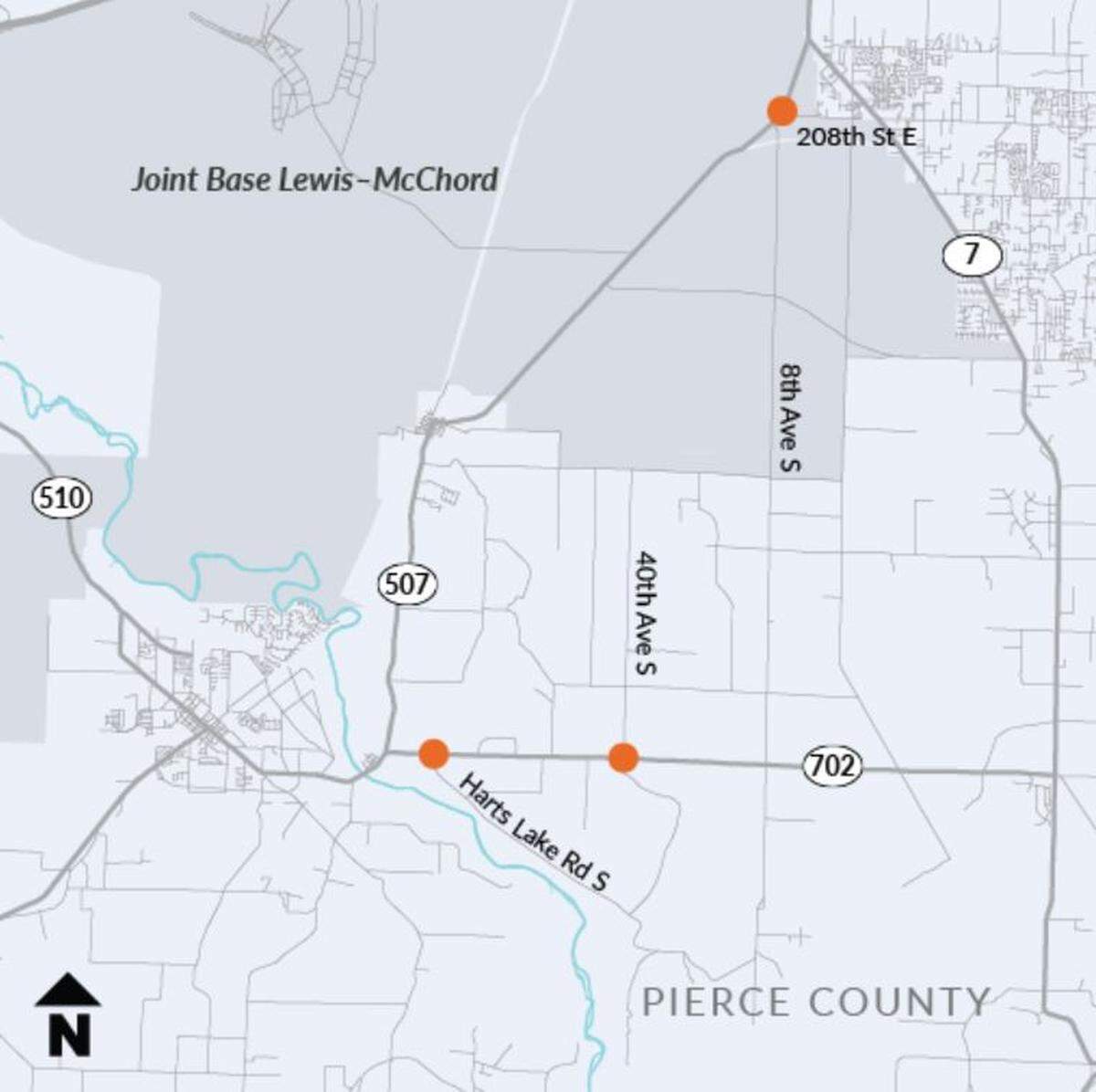 The locations of three roundabouts proposed for state Routes 702 and 507.