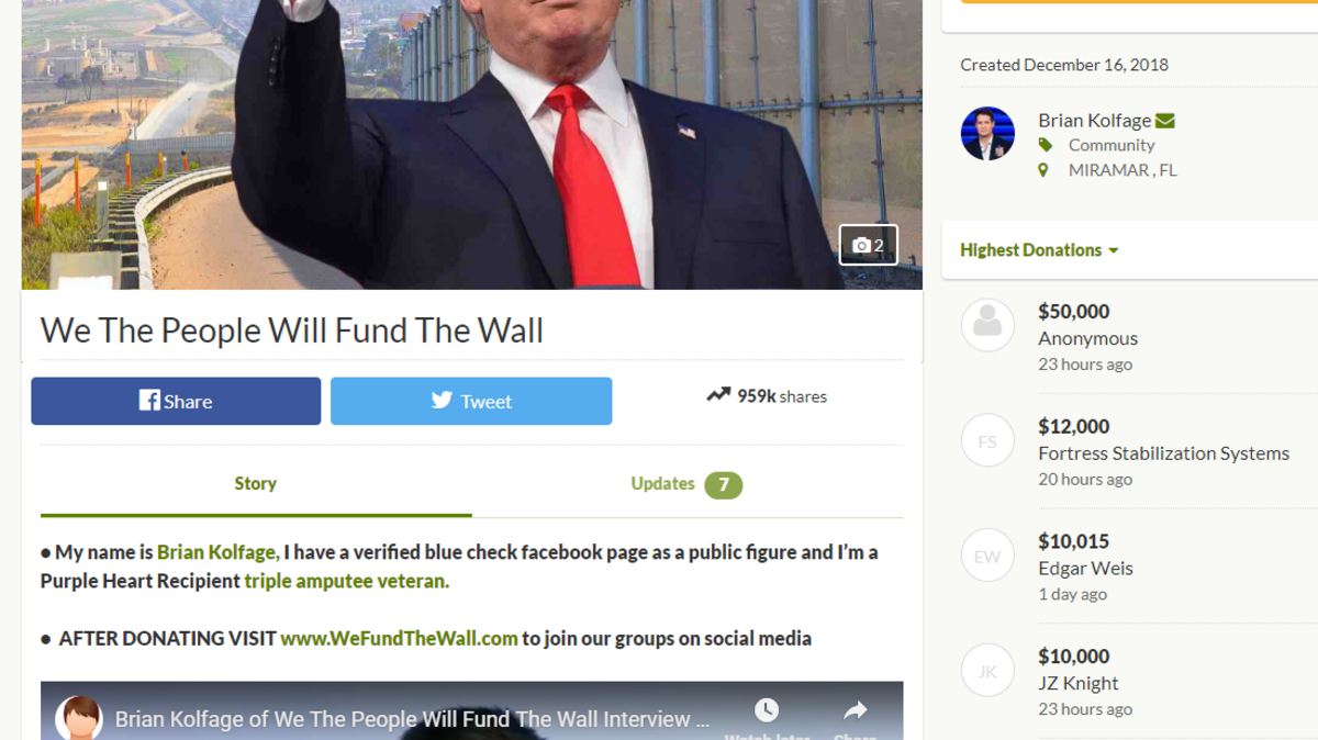 This screen shot of Brian Kolfage’s GoFundMe campaign called “We The People Will Fund The Wall” shows the $10,000 donation J.Z. Knight has apparently made.