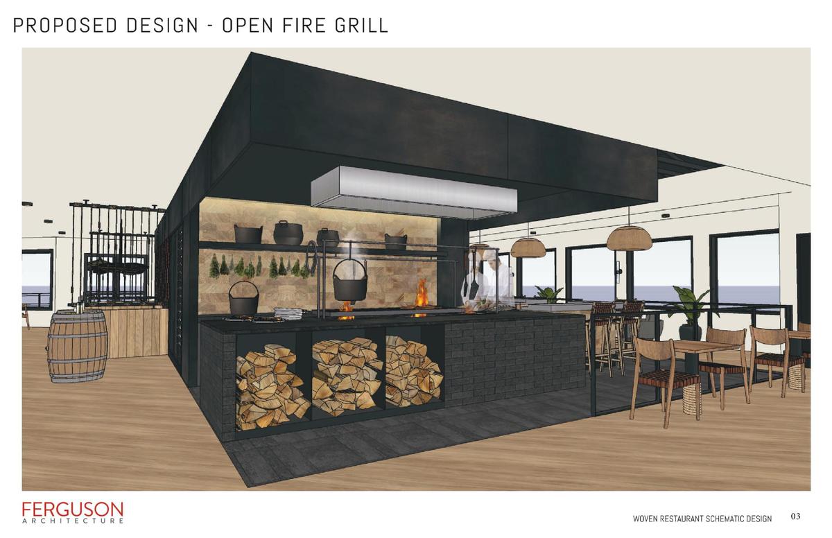 An open kitchen-style wood-fire grill will anchor both the restaurant and the Woven menu.