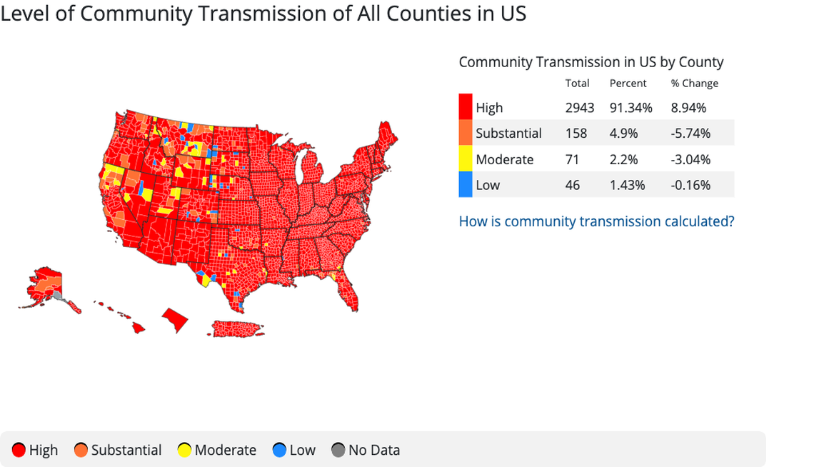 Centers for Disease Control and Prevention’s map of COVID transmission nationwide as reported Monday.