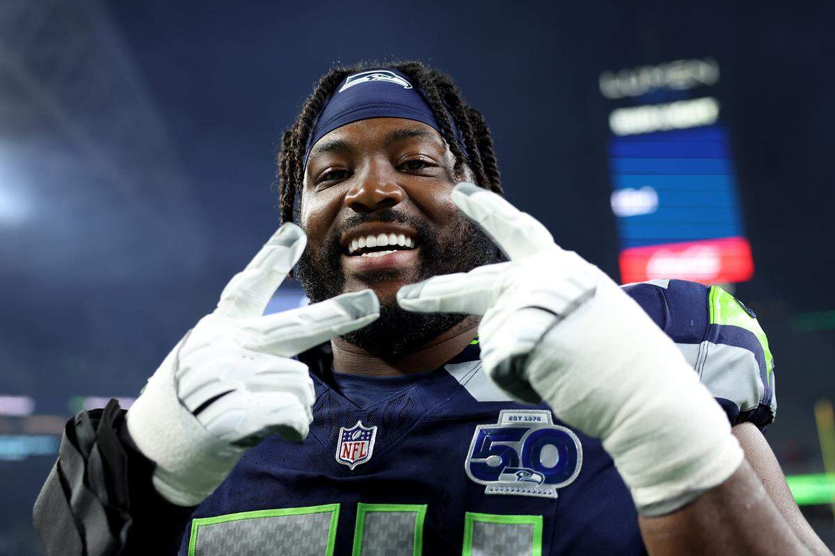 SEATTLE, WASHINGTON - OCTOBER 20: Josh Jones #74 of the Seattle Seahawks reacts after beating the Houston Texans at Lumen Field on October 20, 2025 in Seattle, Washington. (Photo by Steph Chambers/Getty Images)