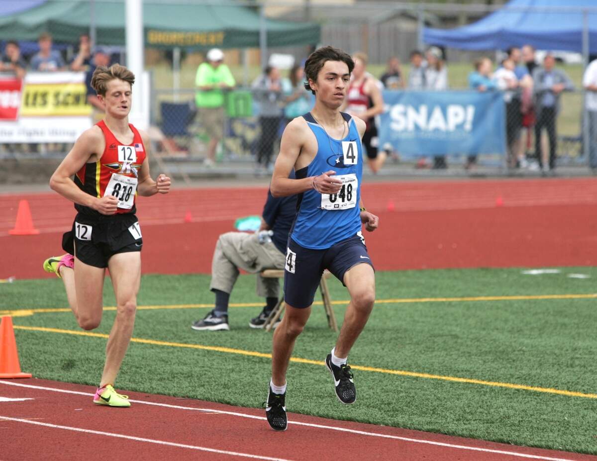 Gig Harbor's Bradley Peloquin took second in the 3,200-meters at the 2018 Class 3A state track meet at Mount Tahoma High School in Tacoma.