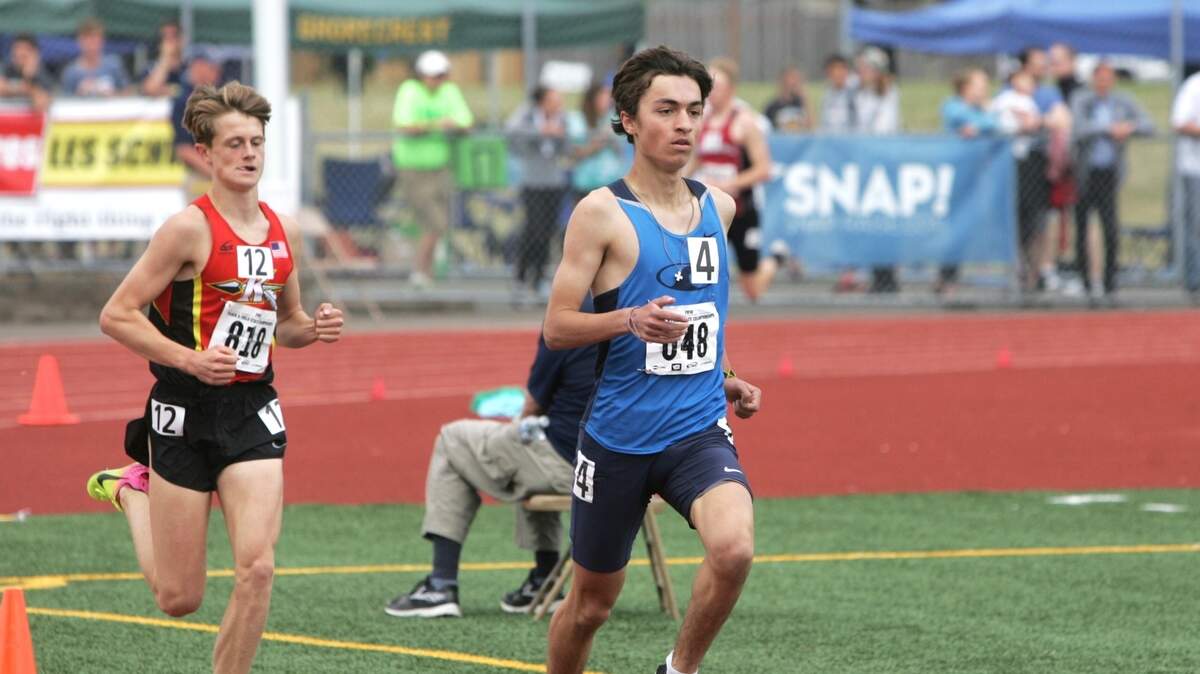 Gig Harbor's Bradley Peloquin took second in the 3,200-meters at the 2018 Class 3A state track meet at Mount Tahoma High School in Tacoma.