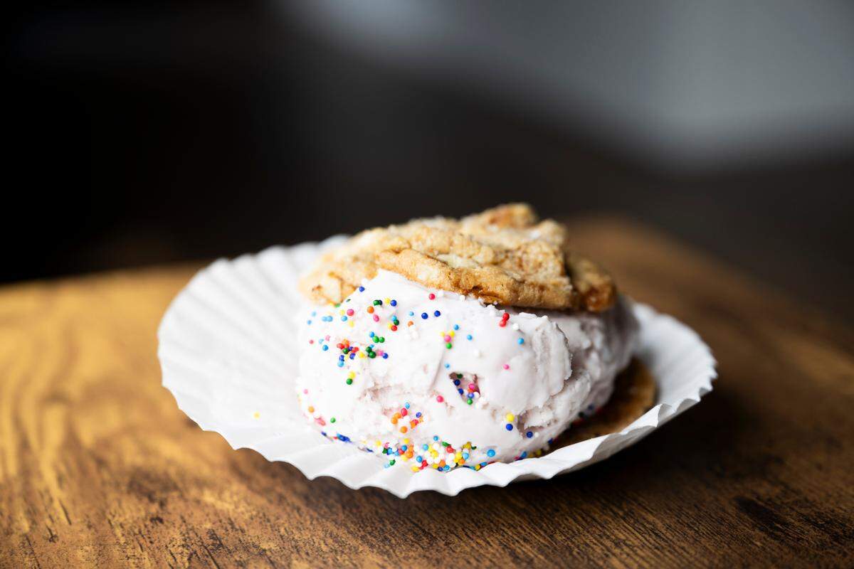 The Swiftie Sandwich, a scoop of honey lavender ice cream between two salted caramel cookies at Lick Homemade Ice cream will be available during the Tay Tour on April 19, in Puyallup, Wash.