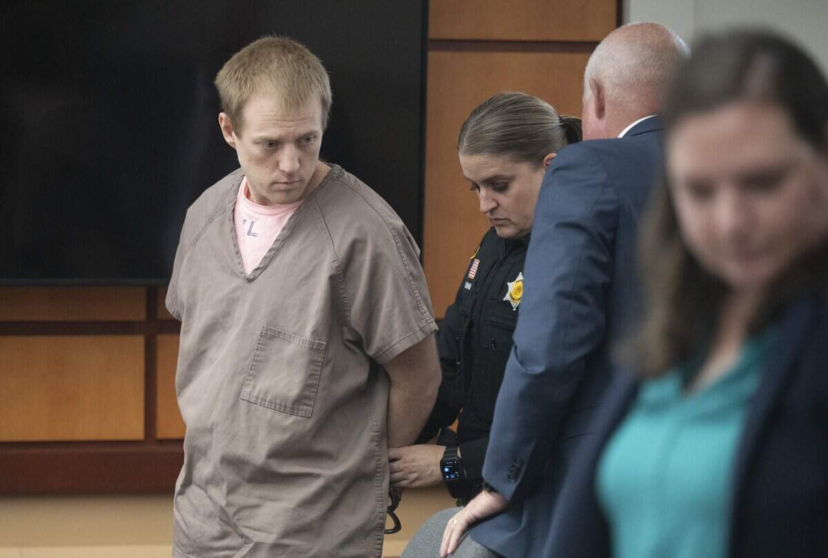 Jordan Henderson, 36, is placed in handcuffs before being led out of the courtroom on Friday, May 8, 2026, at Pierce County Superior Court in Tacoma, Wash. Henderson was sentenced to 66 years to life in prison for 12 counts of first-degree child molestation.