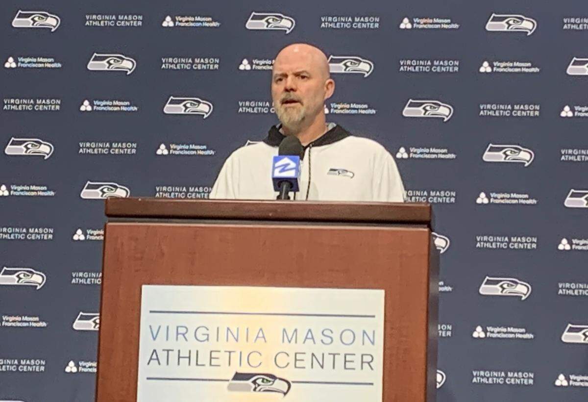 Former University of Washington Huskies play caller Ryan Grubb talking Feb. 15, 2024, upon being introduced as the Seattle Seahawks’ new play caller. This will the first NFL coaching job for Grubb, 47.