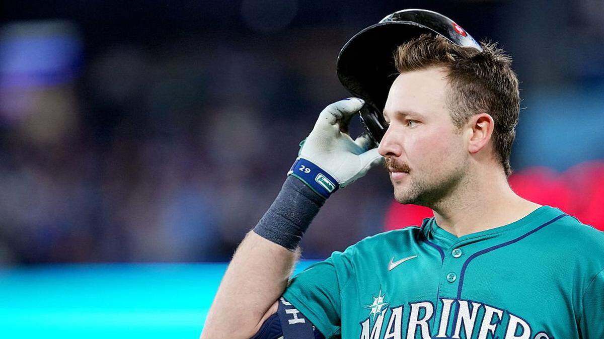 TORONTO, ONTARIO - OCTOBER 19: Cal Raleigh #29 of the Seattle Mariners looks on after grounding into a double play during the third inning against the Toronto Blue Jays in game six of the American League Championship Series at Rogers Centre on October 19, 2025 in Toronto, Ontario. (Photo by Mark Blinch/Getty Images)