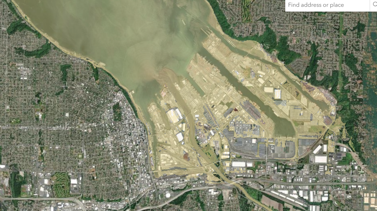 Tsunami hazard zones in Tacoma are highlighted in yellow on the Washington Geologic Survey’s tsunami design zone map.
