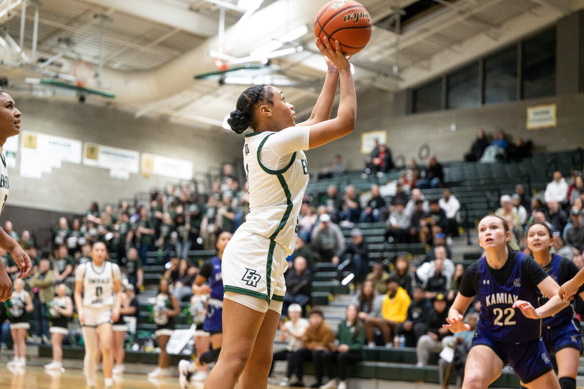 Emerald Ridge’s Semaj Williams (1) shoots the ball during the 4A state regional girls game against Kamiak at Auburn Senior High School, on Saturday, Feb. 24, 2024 in Auburn, Washington.