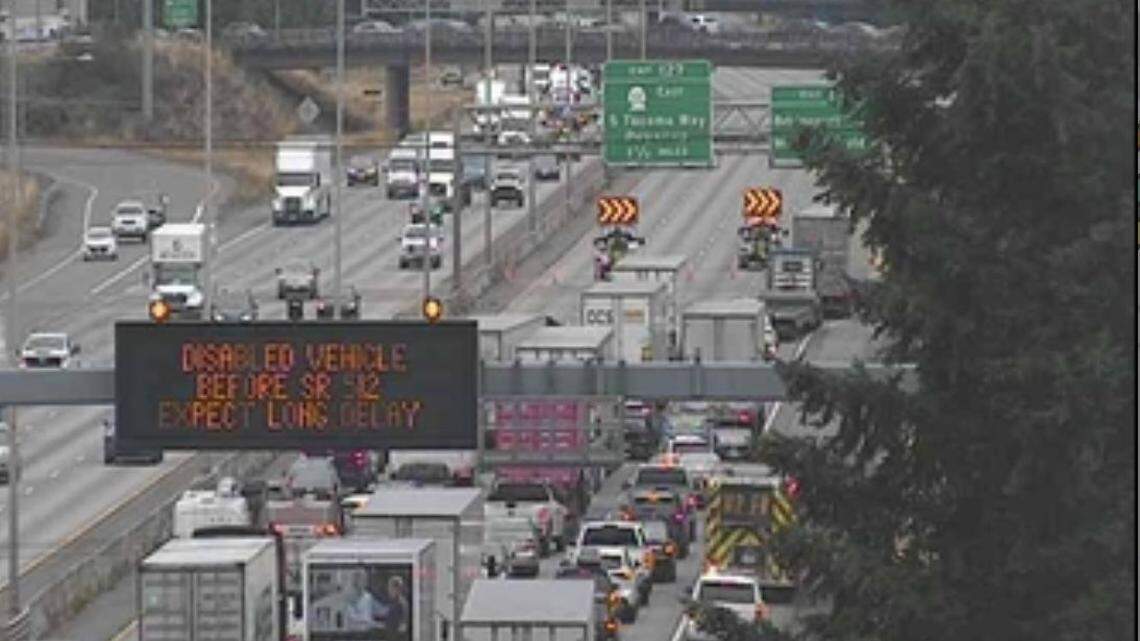 Updated: I-5 near Lakewood was stopped by truck unable to pass trestle. Road now open