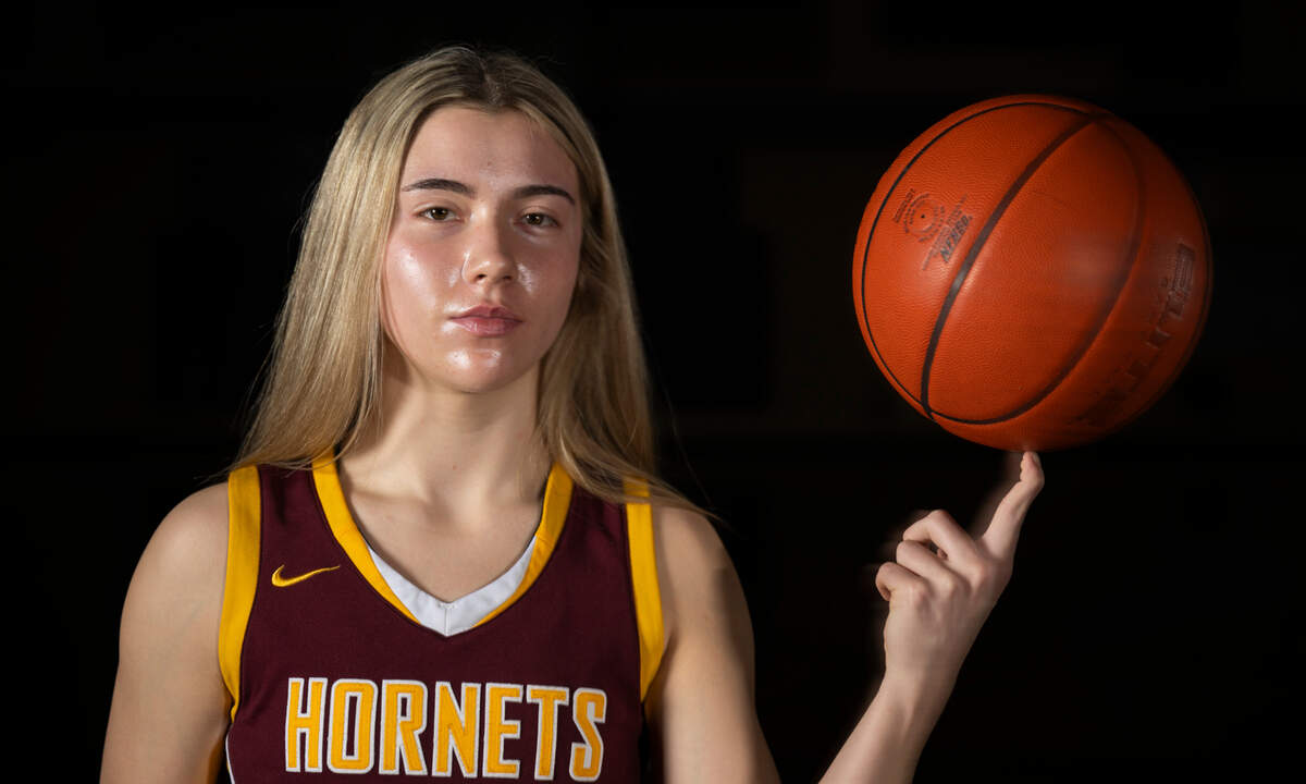 The News Tribune’s 2025 All-Area girls basketball first-team selection, Whiteriver sophomore Maggee Schmitz, poses for a portrait at Sumner High School, on Sunday, March 23, 2025, in Sumner.