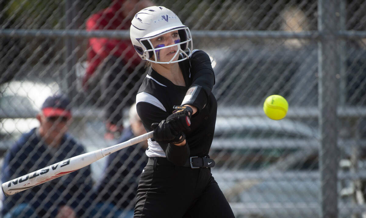 Puyallup’s Gracie Ream connects for a double during the Vikings’ fastpitch game against the Sumner Spartans at Puyallup High School in Puyallup, Washington, on Wednesday, April 27, 2022.
