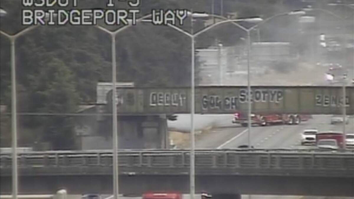 Two lanes on I-5 in Lakewood are blocked due to a fire Saturday afternoon.