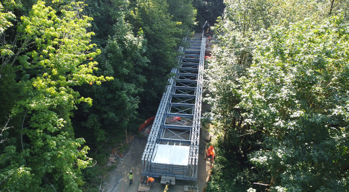 This image shows the reconstruction process of the Spiketon Ditch Bridge on the Foothills Trail as of August 2025.