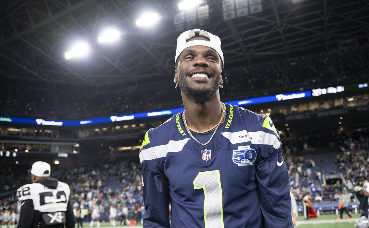 Seattle Seahawks wide receiver Marquez Valdes-Scantling (1) looks on after the Seattle Seahawks and Las Vegas Raiders 23-23 game at Lumen Field, on Thursday, Aug. 7, 2025, in Seattle.