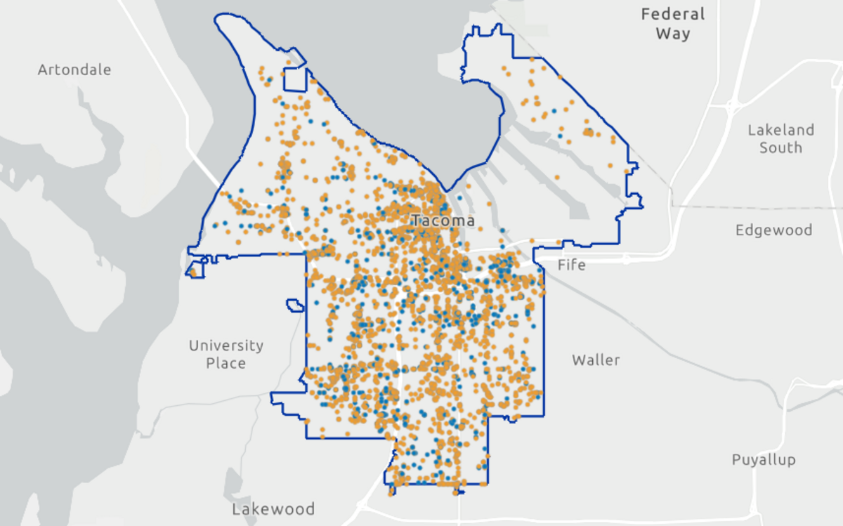The dots represent where reports related to homelessness were made in Tacoma from Jan. 1, 2026 to March 19, 2026.