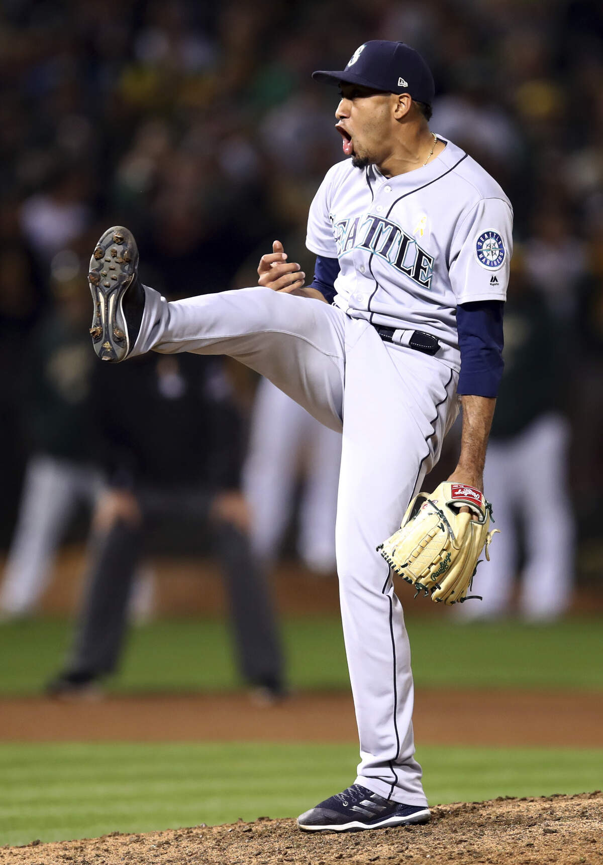 Seattle Mariners’ Edwin Diaz reacts as the final out is made against the Oakland Athletics in a baseball game Saturday, Sept. 1, 2018, in Oakland, Calif. The Mariners won 8-7. (AP Photo/Ben Margot)