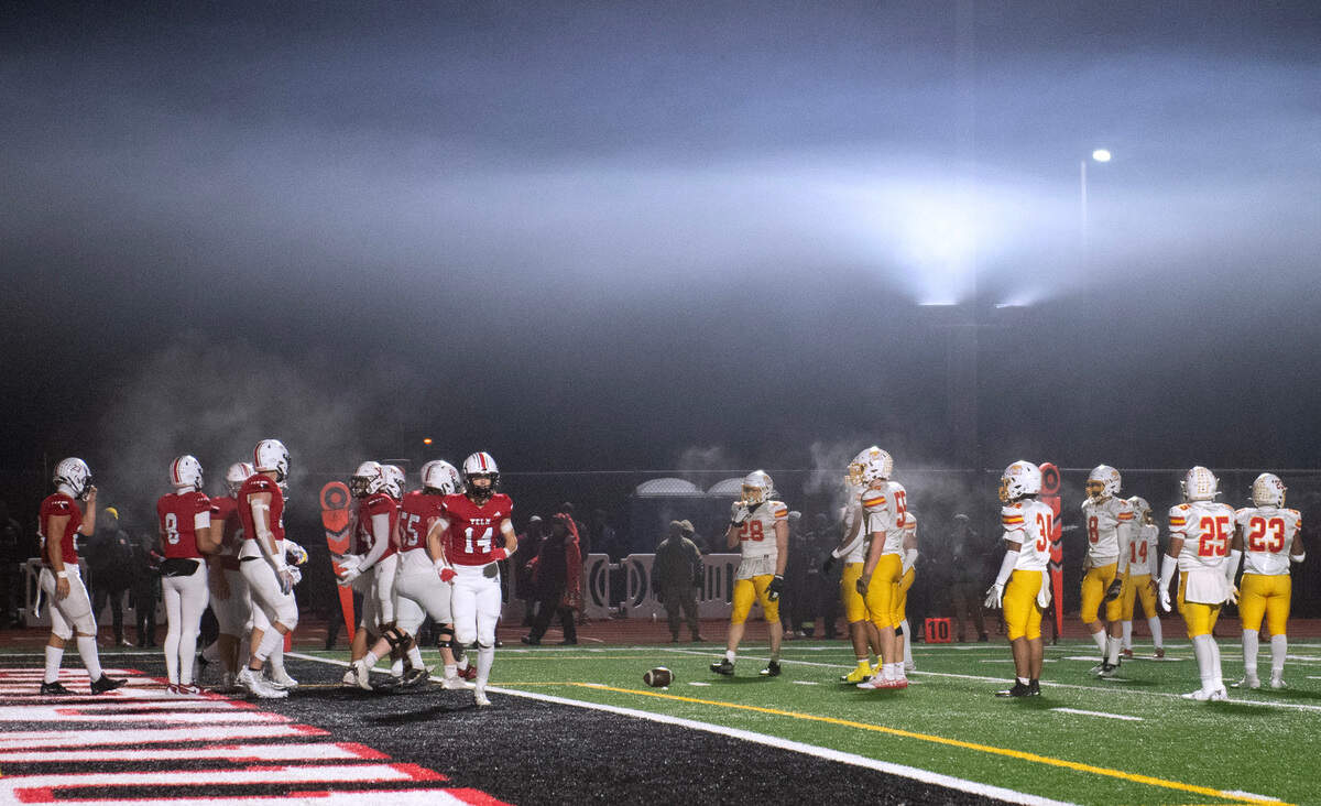 A heavy fog hangs over the field during Friday night’s 3A state quarterfinal football game between the Yelm Tornados and the Mount Tahoma T-Birds at Yelm High School in Yelm, Washington, on Nov. 17, 2023. Yelm won the game, 29-12.